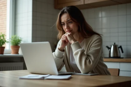 Jeune femme inquiète dans sa cuisine avec ordinateur portable