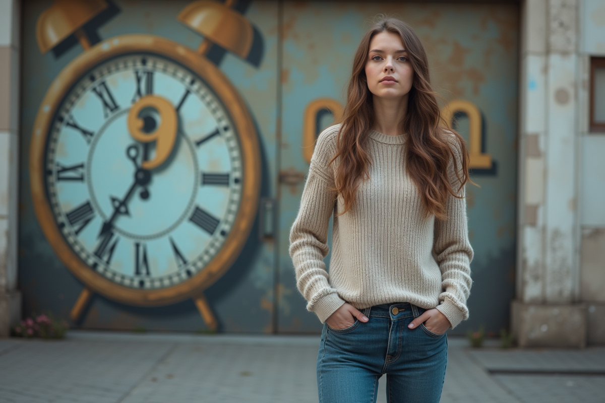 Jeune femme devant un mural ancien en ville
