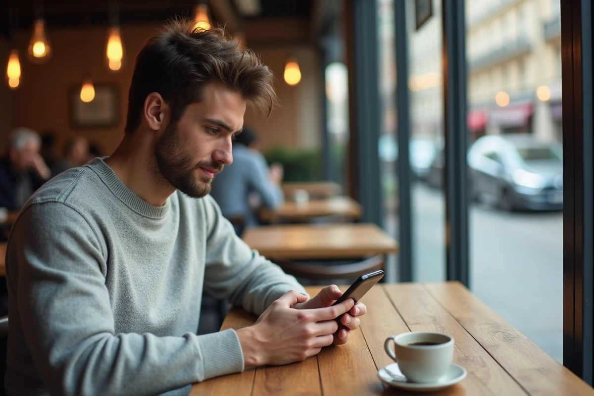 Jeune homme utilisant son smartphone dans un café urbain
