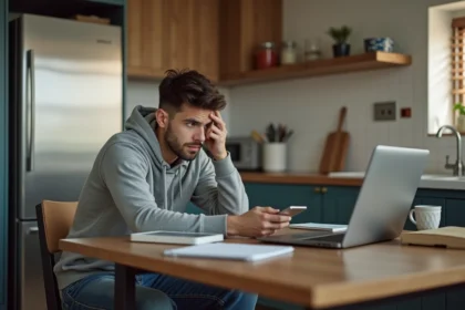 Jeune homme en hoodie dans une cuisine moderne avec ordinateur