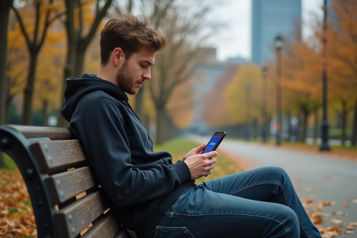 Jeune homme utilisant son smartphone sur un banc dans un parc