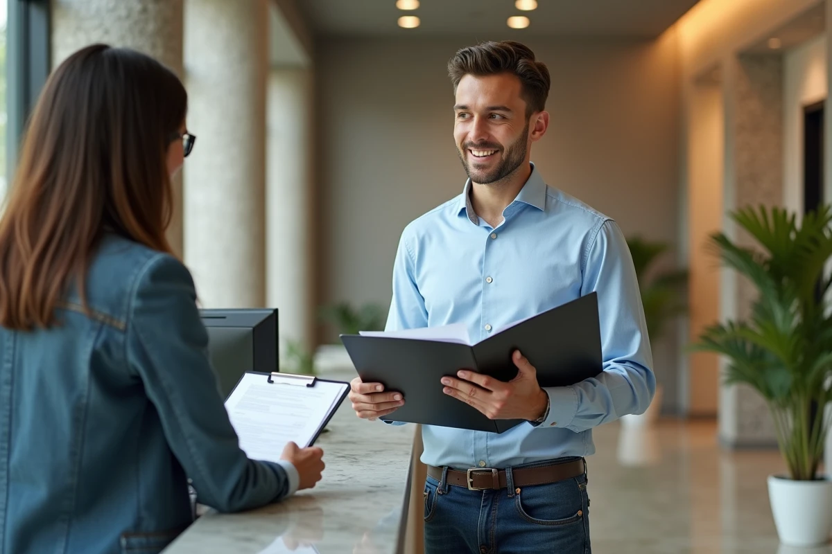 Jeune homme parlant à un agent d
