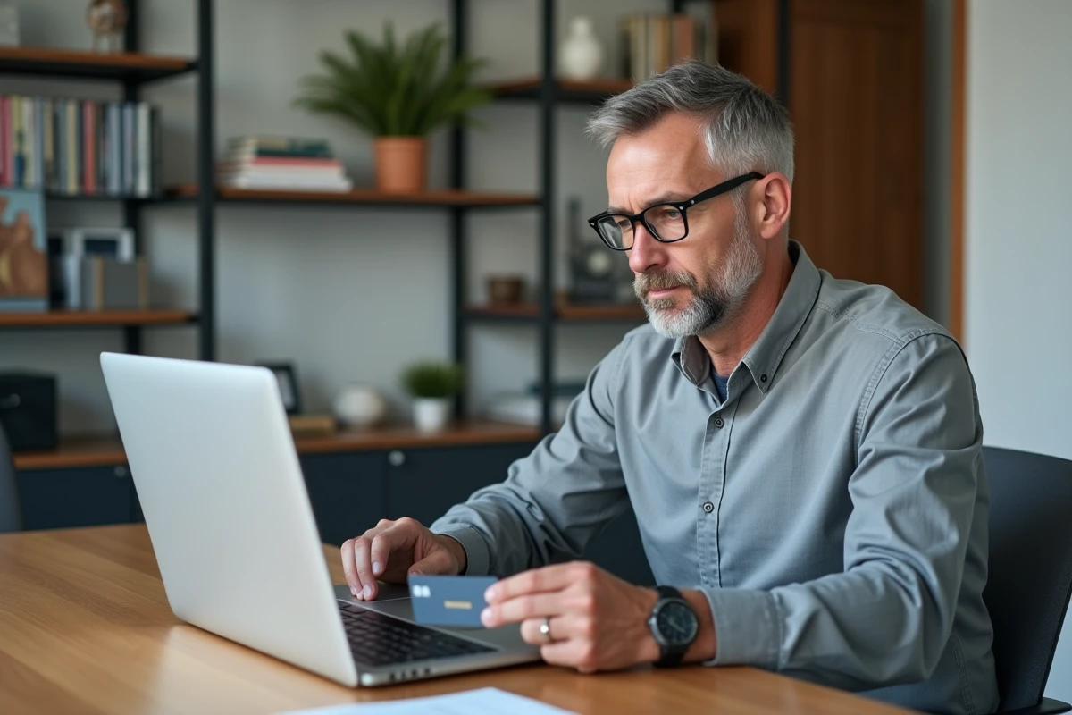 Homme utilisant une carte Kadéos Infini pour un achat en ligne depuis son bureau à domicile