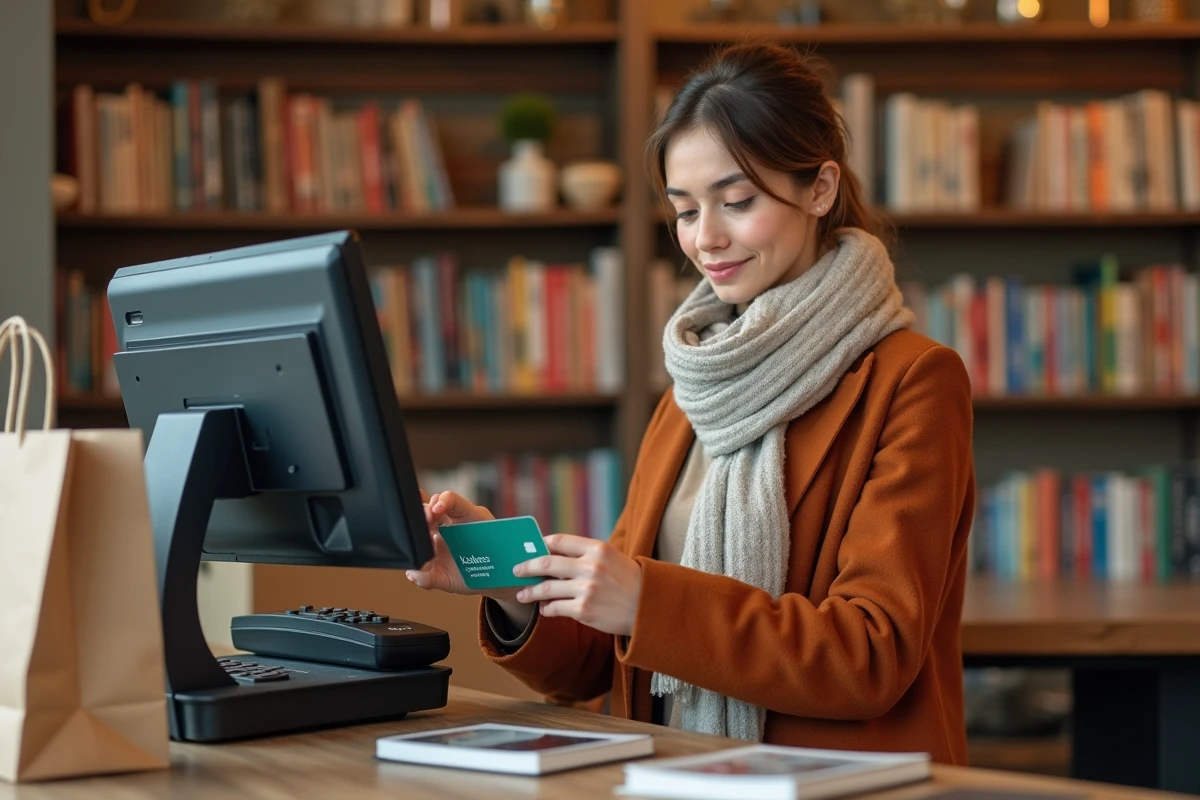 Jeune femme payant avec une carte cadeau Kadéos Infini au terminal de paiement d'une librairie indépendante