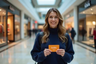 Femme tenant une carte cadeau Kadéos Infini dans une galerie marchande moderne, souriant avec satisfaction