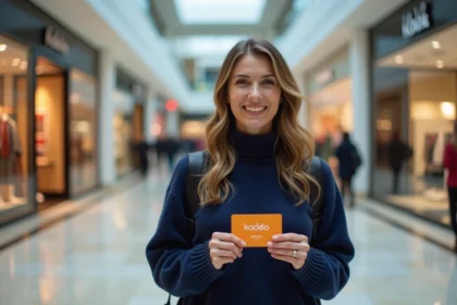 Femme tenant une carte cadeau Kadéos Infini dans une galerie marchande moderne, souriant avec satisfaction