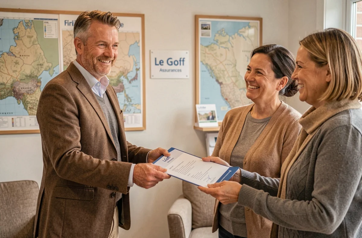 Courtier de Le Goff Assurances remettant un contrat signé à un couple de clients dans une agence locale du Finistère