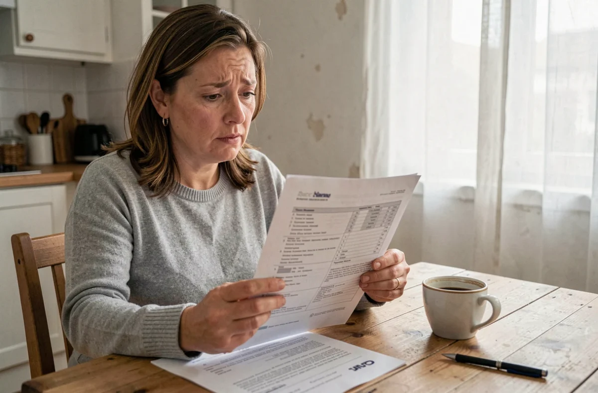 Une femme étudie attentivement les clauses de son contrat d'assurance de prêt immobilier à son domicile