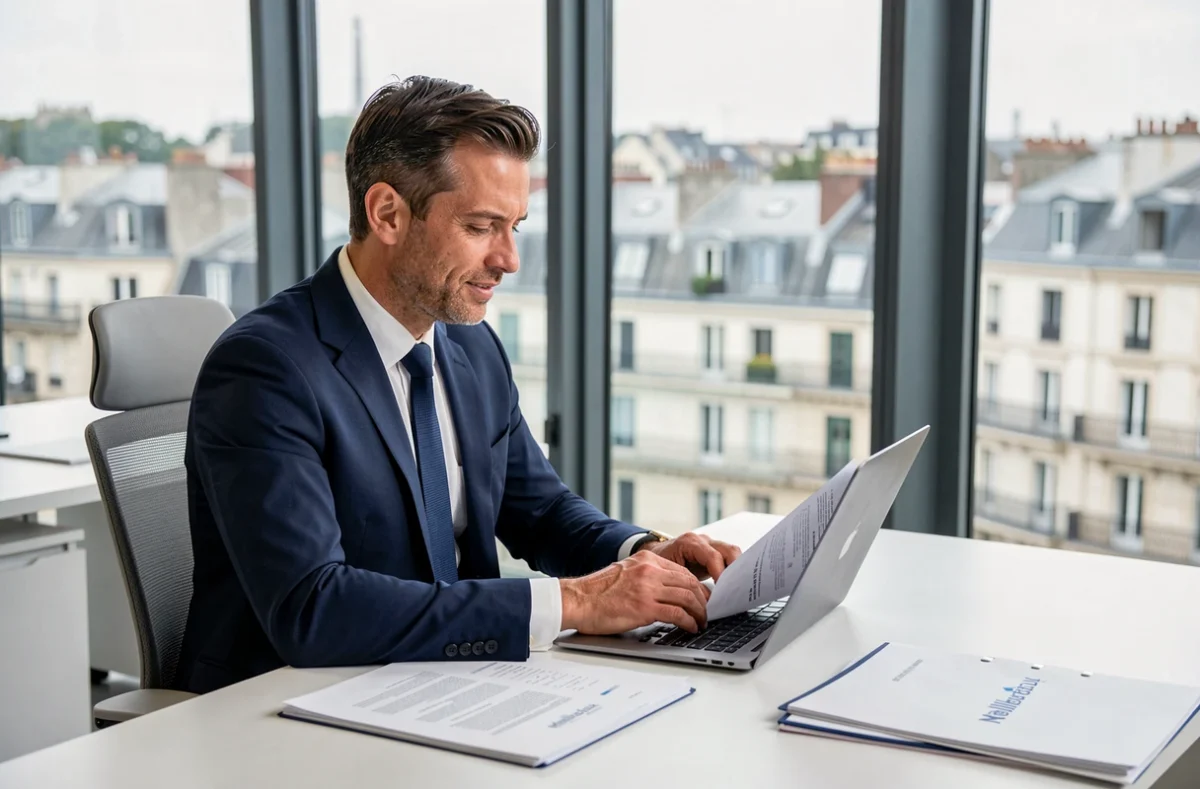 Courtier Meilleurtaux Assurance à Lyon assis à son bureau avec des documents d'assurance sur son ordinateur