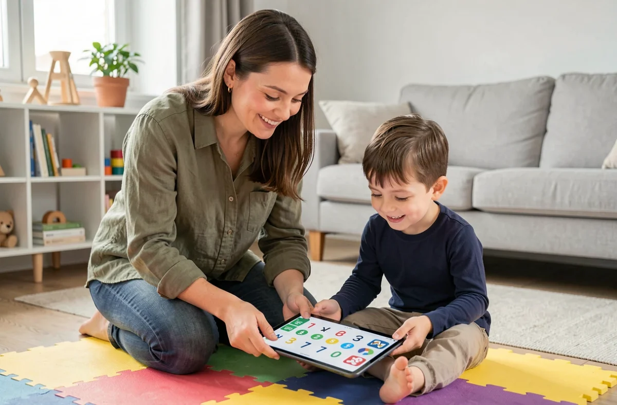 Mère et fils apprenant à compter ensemble sur une tablette avec des exercices numériques interactifs du blog Ptitclic dans un salon moderne