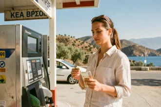 Voyageuse tenant des euros en espèces à une station-service grecque lors d'un road trip, avec voiture de location et paysage de collines d'oliviers en arrière-plan