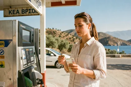 Voyageuse tenant des euros en espèces à une station-service grecque lors d'un road trip, avec voiture de location et paysage de collines d'oliviers en arrière-plan