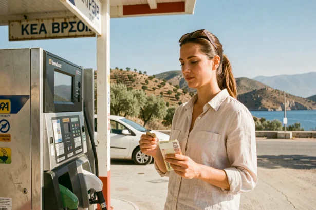 Voyageuse tenant des euros en espèces à une station-service grecque lors d'un road trip, avec voiture de location et paysage de collines d'oliviers en arrière-plan