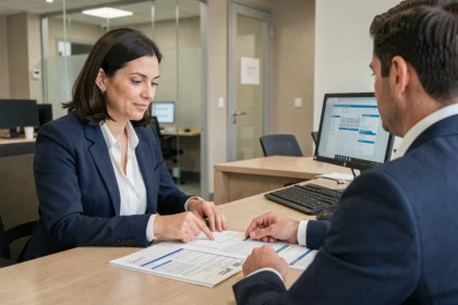 Femme négociant les frais d'un prêt de 1500 euros avec un conseiller bancaire dans une agence moderne