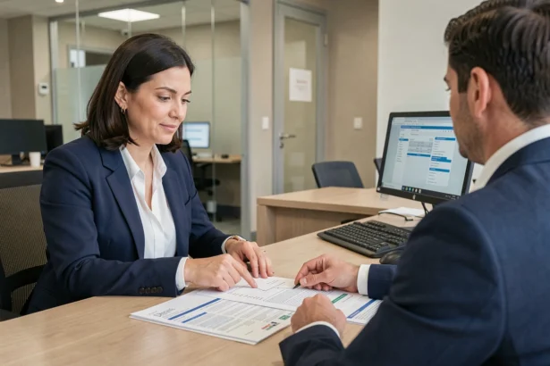 Femme négociant les frais d'un prêt de 1500 euros avec un conseiller bancaire dans une agence moderne