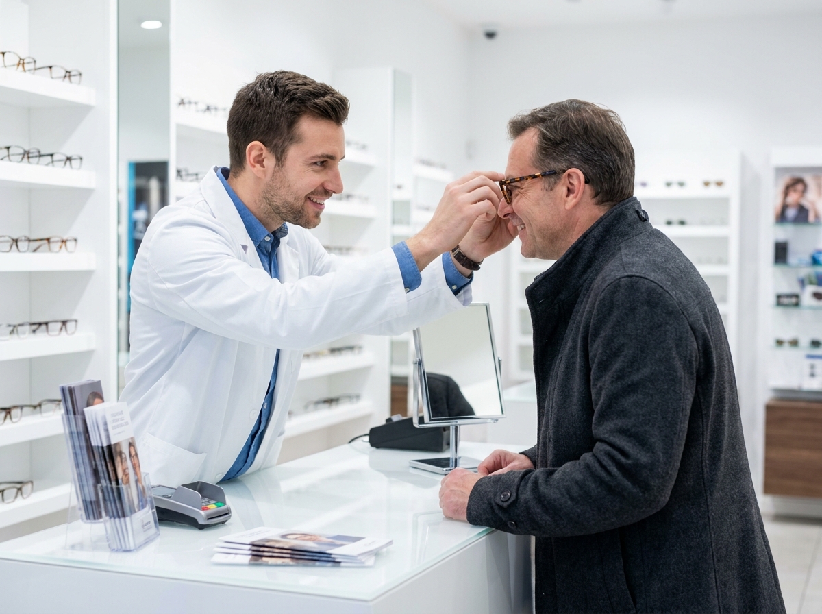 Opticien conseillant un client sur le choix de lunettes avec prise en charge mutuelle dans une boutique d'optique moderne