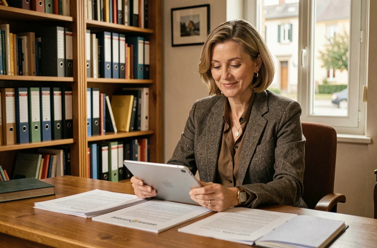 Conseillère Optim Conseils à Craponne assise à son bureau avec des dossiers d'assurance et une tablette