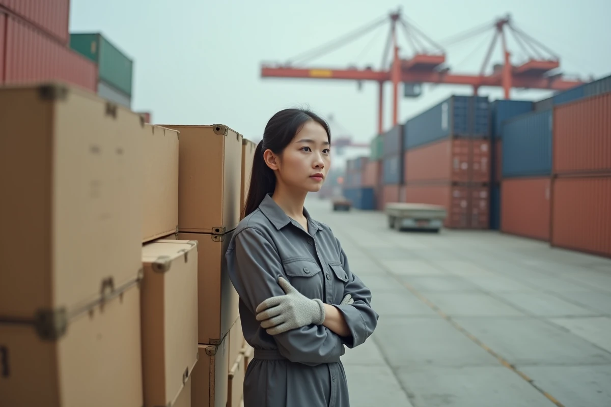 Jeune ouvrière dans une cour industrielle avec cartons