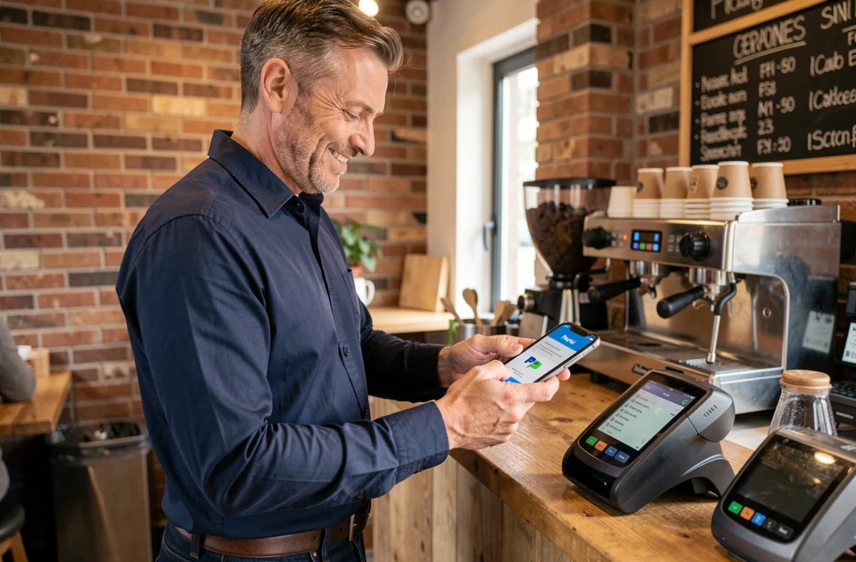 Homme effectuant un paiement PayPal via smartphone dans un café indépendant