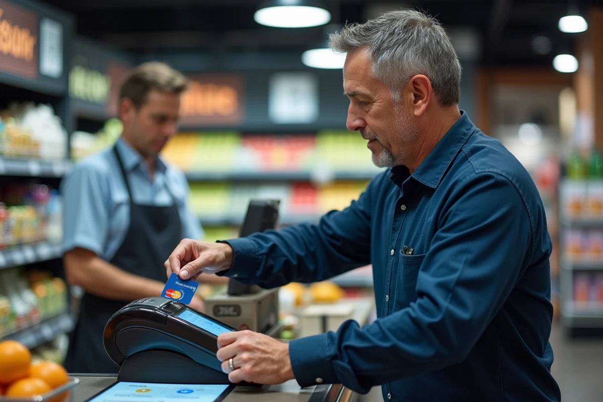 Homme utilisant une carte Mastercard sans contact pour payer en supermarché