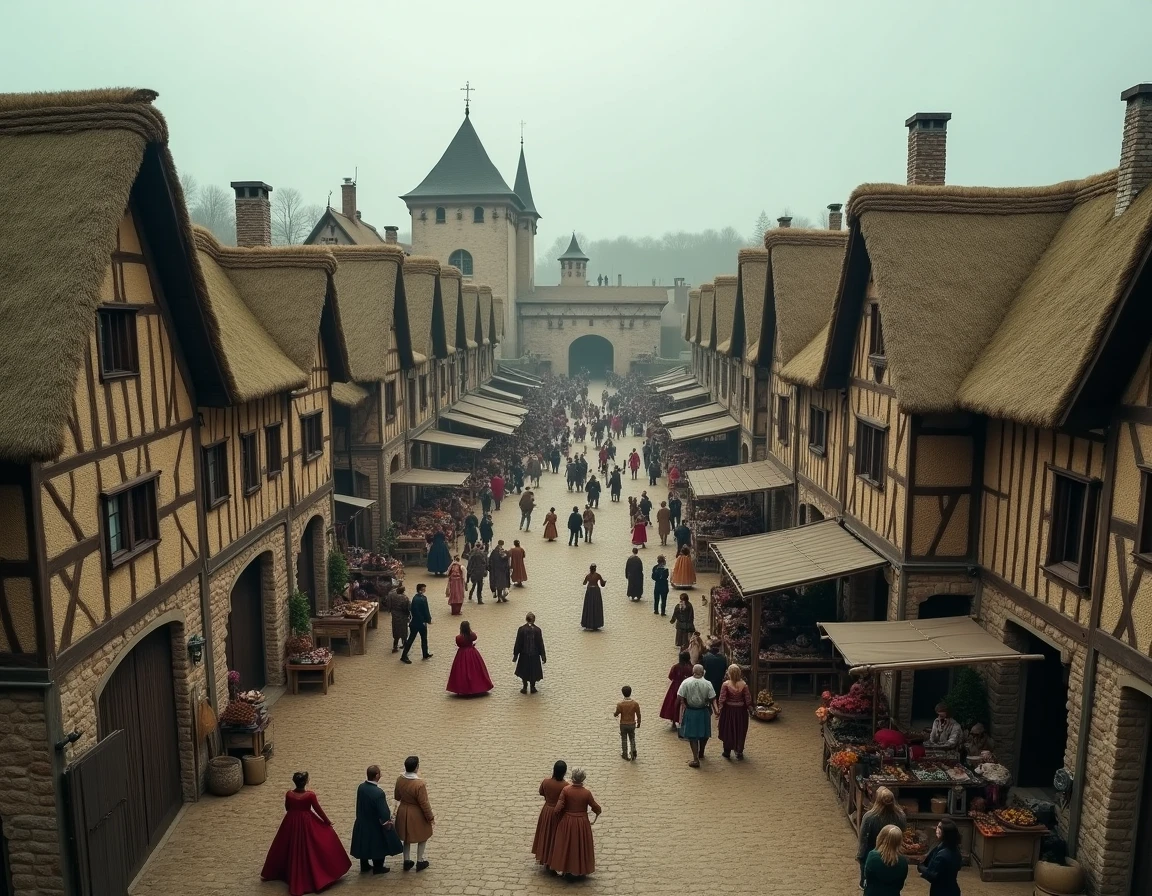 Vue panoramique d'un parc historique français reconstituant un village médiéval avec des comédiens en costume et des visiteurs