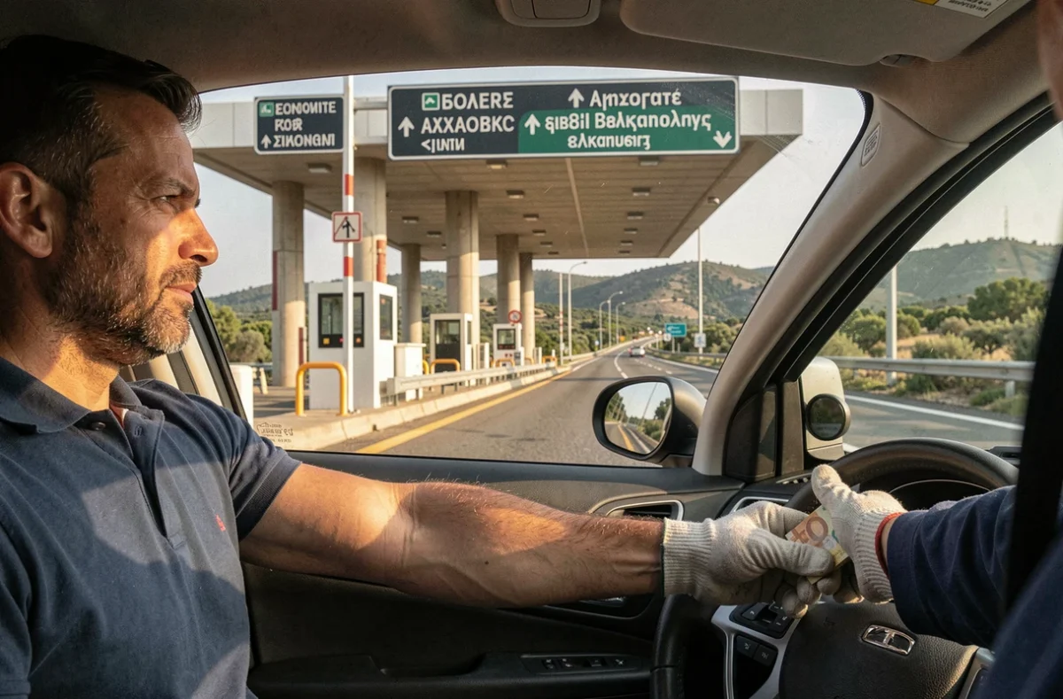 Conducteur tendant des pièces d'euro à un péage grec sur une autoroute lors d'un road trip en Grèce
