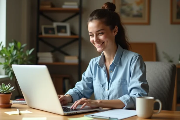 Jeune femme personnalisant sa cagnotte en ligne sur un ordinateur portable dans un bureau à domicile chaleureux