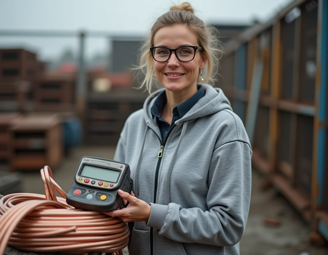 Femme pesant des câbles en cuivre sur une balance dans une casse métallique