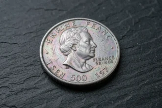 Pièce en argent 50 Francs 1977 posée sur une ardoise sombre montrant ses détails de relief et sa patine authentique