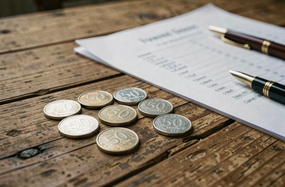 Ensemble de pièces en argent 50 Francs 1977 disposées sur une table en bois avec des documents d'investissement évoquant la valeur patrimoniale