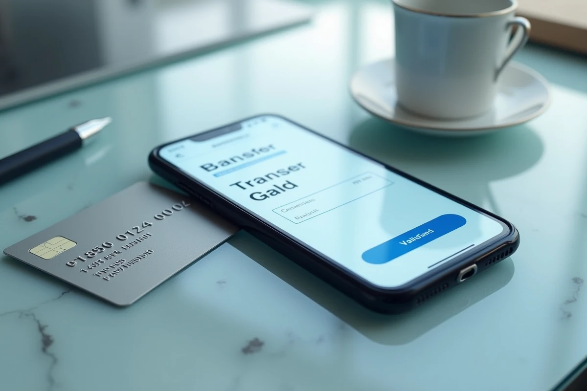 Gros plan sur un smartphone affichant une interface de virement instantané avec une carte bancaire et un stylo sur un bureau en verre