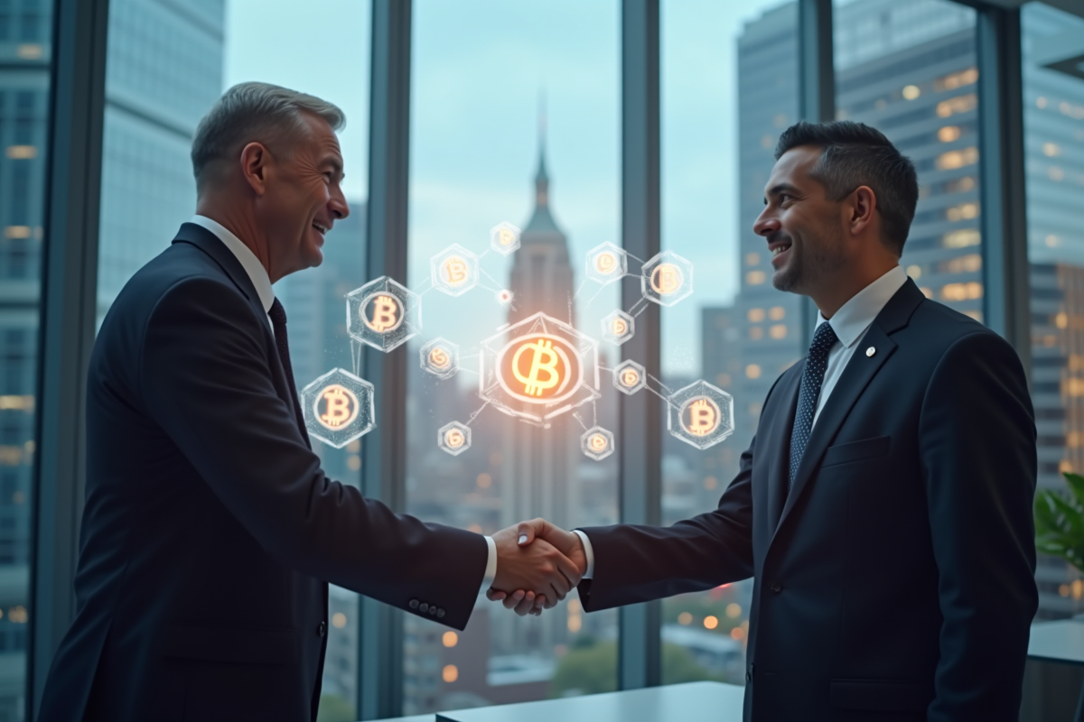 Poignée de main entre un officiel et un expert en blockchain