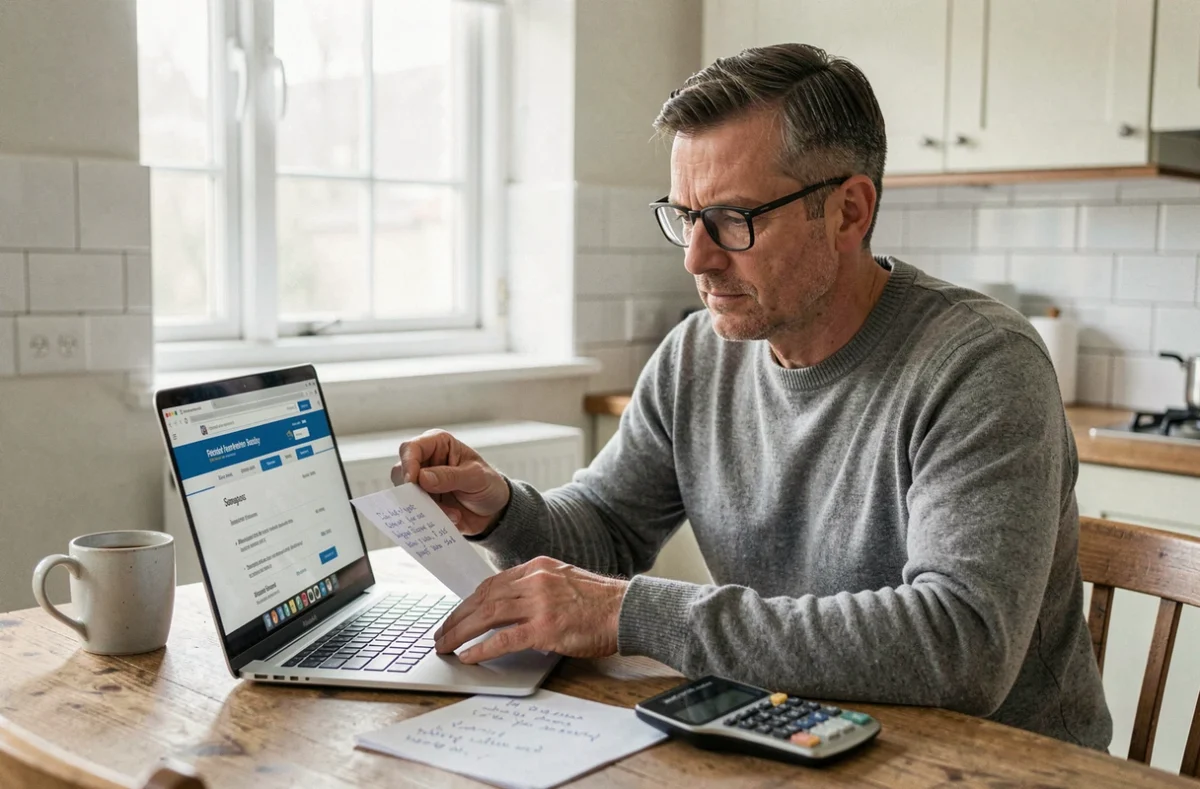 Homme préparant la négociation des frais d'un emprunt de 1500 euros depuis son domicile avec un ordinateur portable