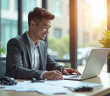 Jeune autoentrepreneur souriant vérifiant documents d'assurance au bureau