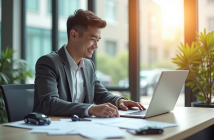 Jeune autoentrepreneur souriant vérifiant documents d'assurance au bureau