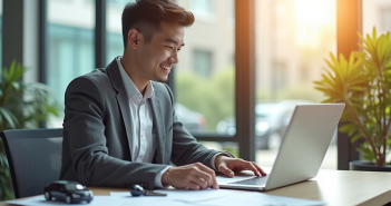 Jeune autoentrepreneur souriant vérifiant documents d'assurance au bureau