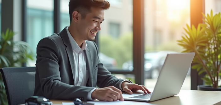 Jeune autoentrepreneur souriant vérifiant documents d'assurance au bureau