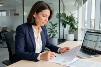 Une professionnelle en blazer marine examine un contrat d'assurance responsabilité civile professionnelle à son bureau