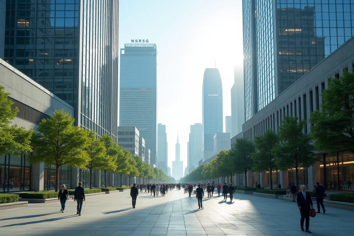 Quartier financier moderne d'une grande métropole prospère avec des gratte-ciel en verre et des piétons en costume, symbolisant la richesse économique des pays les mieux classés en 2026