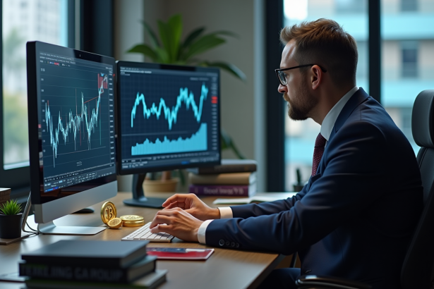 Regulateur financier analysant des graphiques de cryptomonnaies