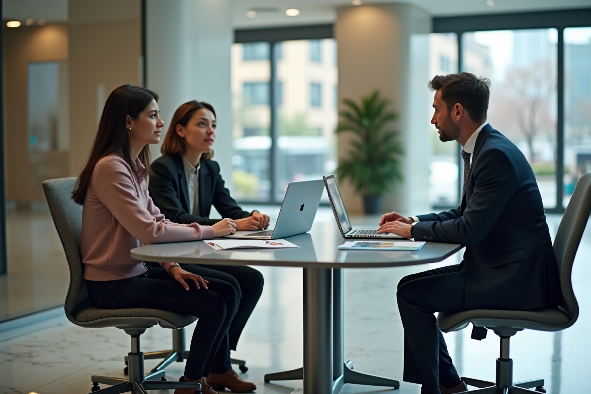 Jeune couple discutant avec un professionnel dans une banque urbaine