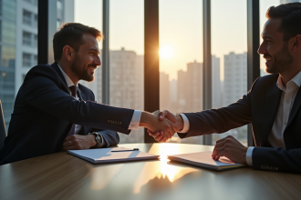 Professionnel et officiel serrent la main avec logo Coinbase