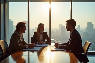 Couple rencontrant un conseiller bancaire dans un bureau lumineux
