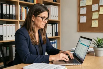 Responsable d'association consultant l'interface bancaire Progéliance Net de Société Générale sur un ordinateur portable dans un bureau associatif moderne