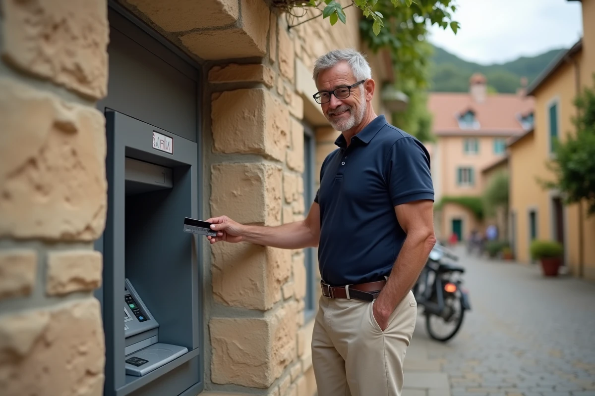 Homme retirant de l'argent à un distributeur automatique dans une ville du Gers