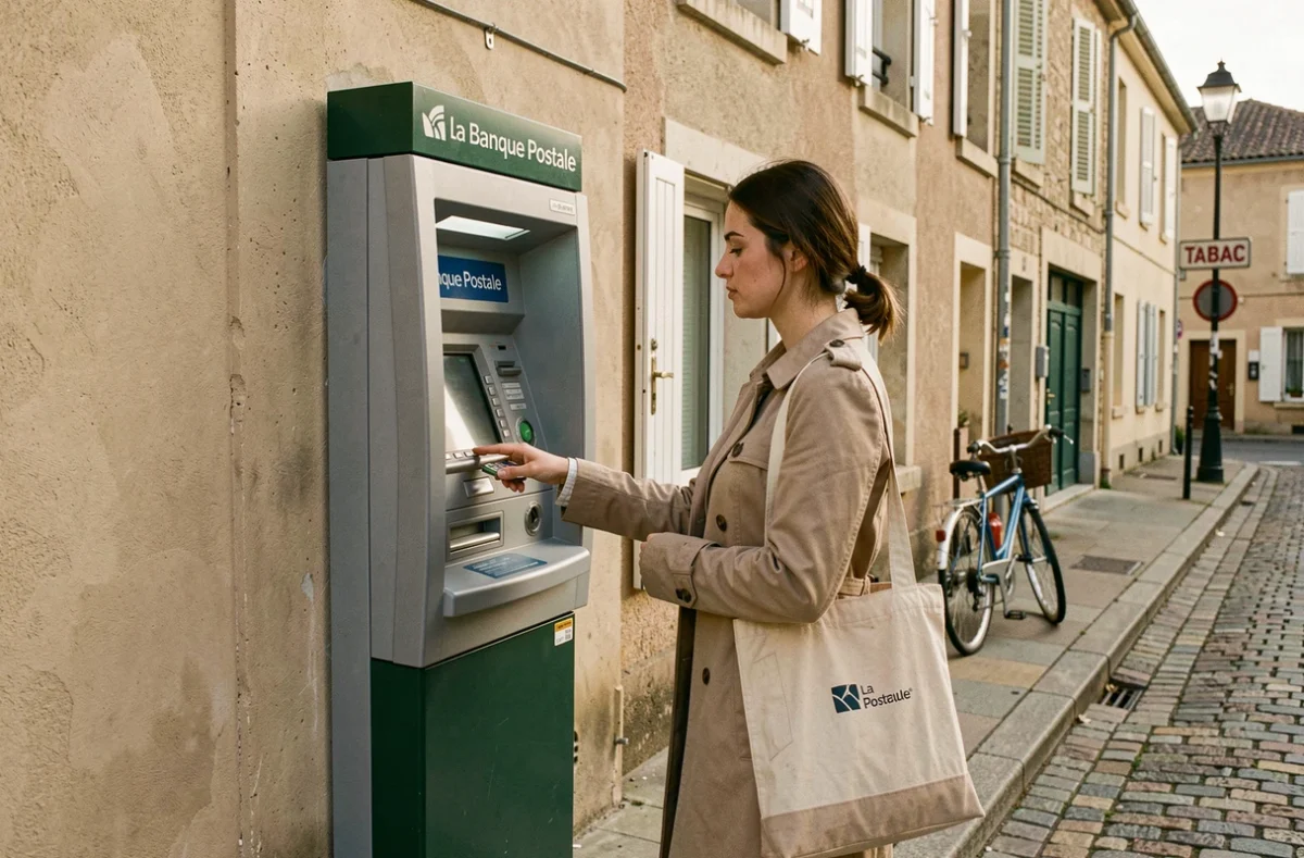 Jeune femme retirant de l'argent à un distributeur La Banque Postale en ville de province en France