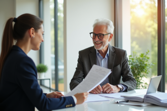 Personne âgée souriante avec conseiller financier en bureau lumineux