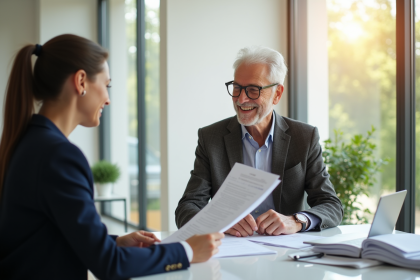 Personne âgée souriante avec conseiller financier en bureau lumineux