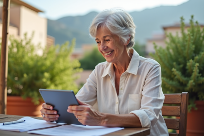 Femme retraitée souriante avec tablette dans un jardin