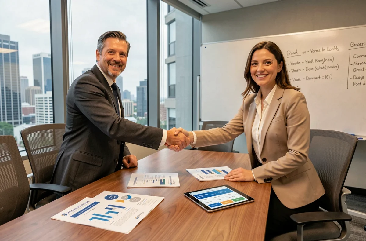 Deux professionnels en réunion comparant des formules d'assurance responsabilité civile pro autour d'une table de conférence